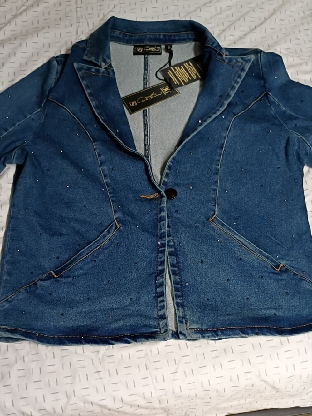 Nwt DG2 By Diane Gilman Tailored Denim Jacket/Blazer With Rhinestone Size L - Picture 8 of 11